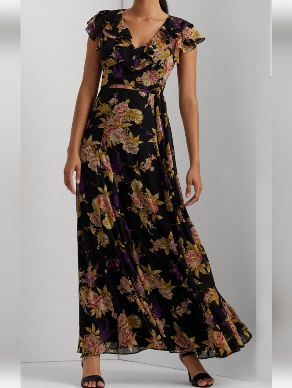 Ralph Lauren Black Floral Ruffle V-Neck Maxi Dress